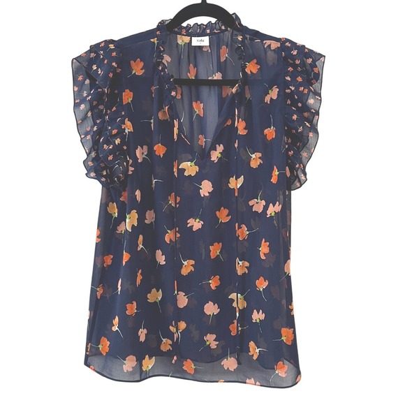 CAbi Tops - Cabi Sunset Kiss Spring Blouse Navy Blue Floral Ruffle Cap Sleeve Top Small